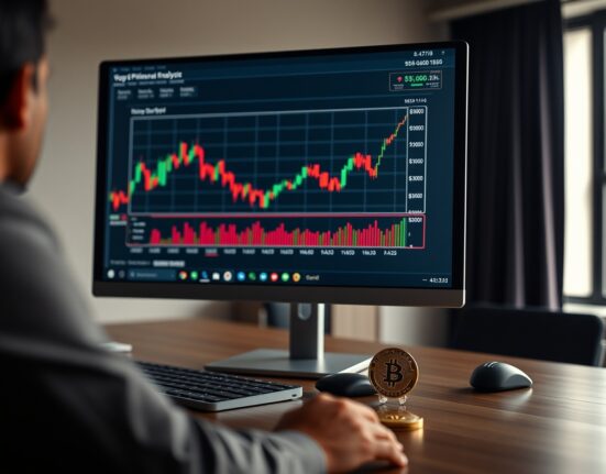 T. Rowe Price analyst desk with crypto charts and a dogecoin coin, illustrating memecoin ETF strategy