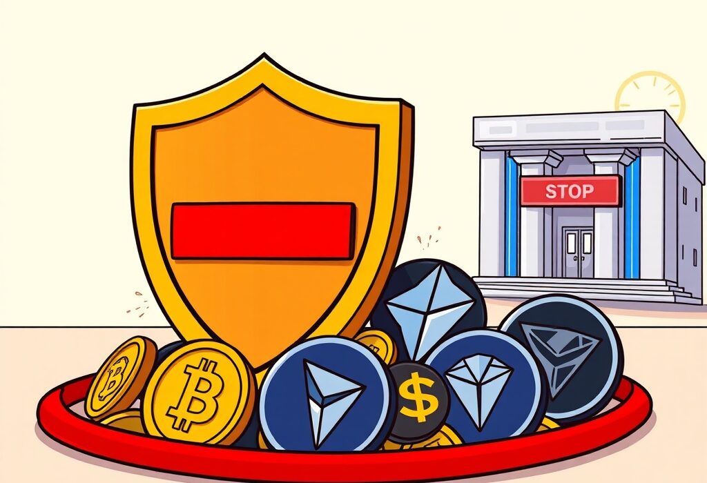 A cartoon illustration showing T3 FCU successfully freezing illicit crypto assets, symbolizing enhanced blockchain security.
