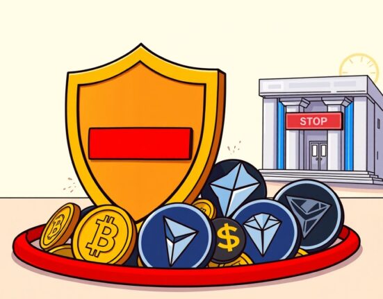 A cartoon illustration showing T3 FCU successfully freezing illicit crypto assets, symbolizing enhanced blockchain security.