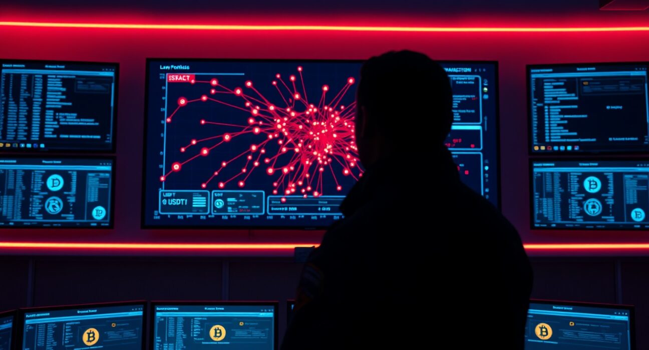 Law enforcement officer monitoring blockchain transaction map in digital forensics command center