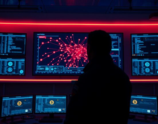 Law enforcement officer monitoring blockchain transaction map in digital forensics command center