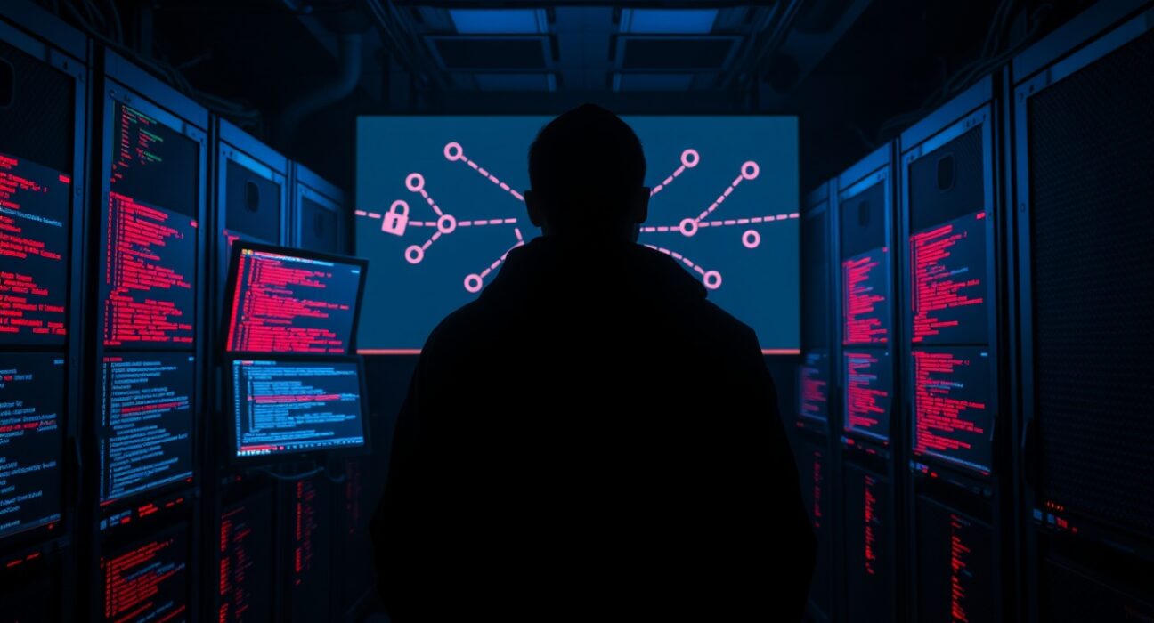 Dimly lit server room with monitors showing blockchain security breach alerts and a shattered padlock icon