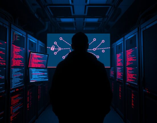 Dimly lit server room with monitors showing blockchain security breach alerts and a shattered padlock icon