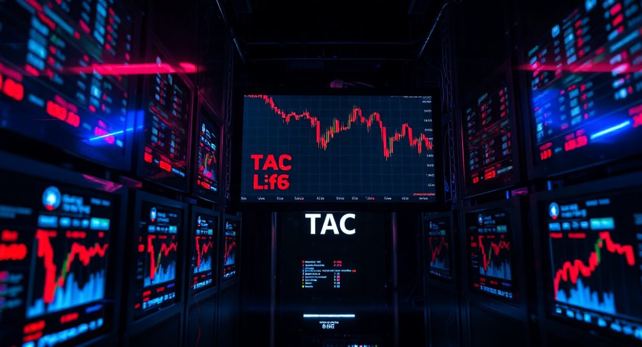Dark server room with multiple monitors showing cryptocurrency charts and a steep price drop for TAC Protocol.