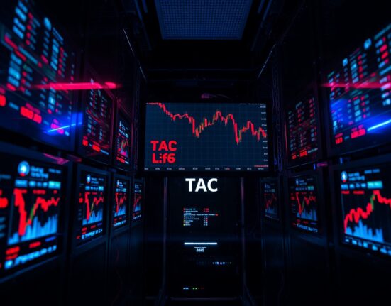 Dark server room with multiple monitors showing cryptocurrency charts and a steep price drop for TAC Protocol.
