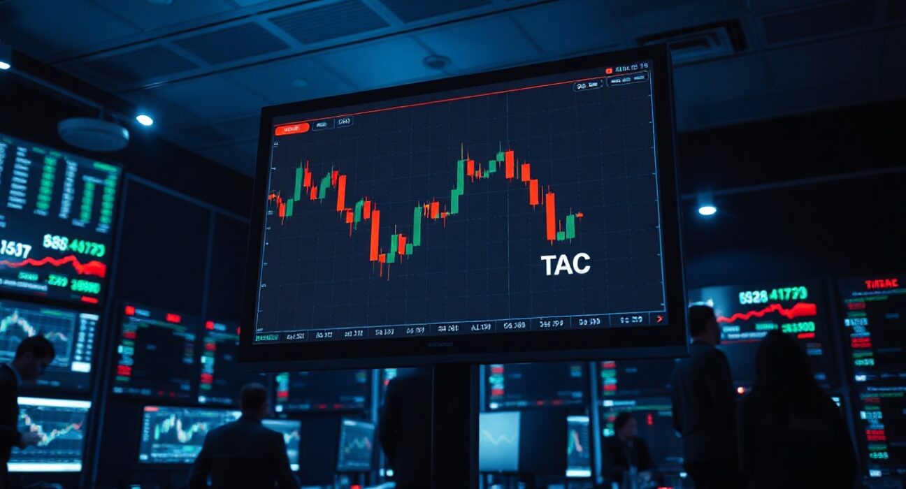Trading screen showing a sharp decline in TAC token price with red candlesticks on a dark background.