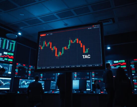 Trading screen showing a sharp decline in TAC token price with red candlesticks on a dark background.