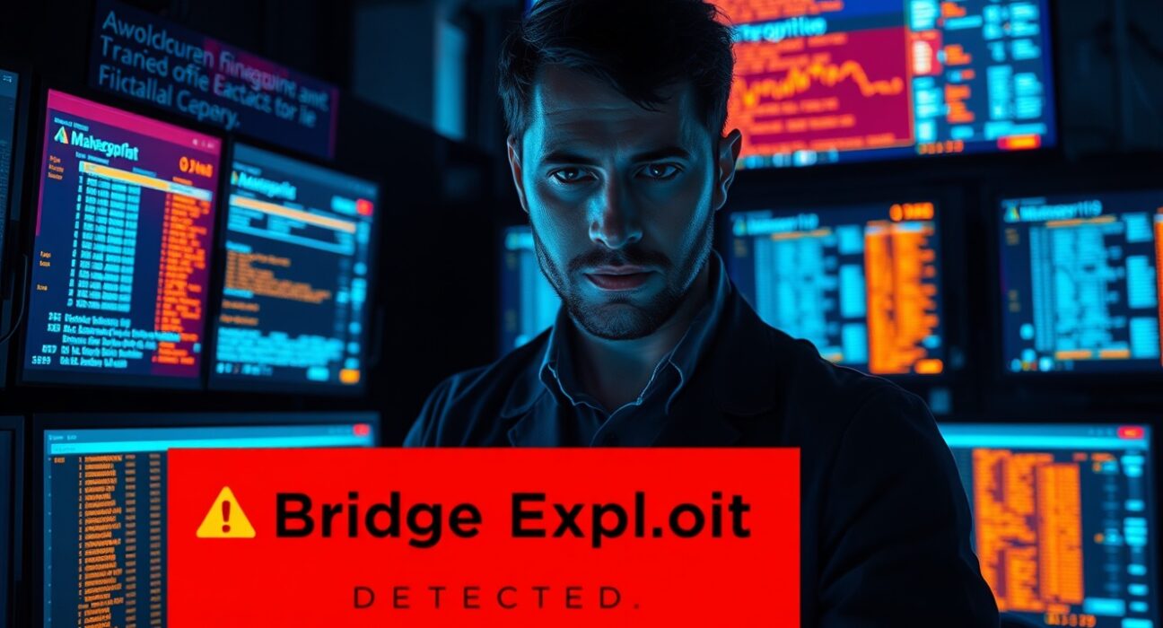 Security analyst monitoring blockchain exploit alerts on multiple screens in a dimly lit control room.