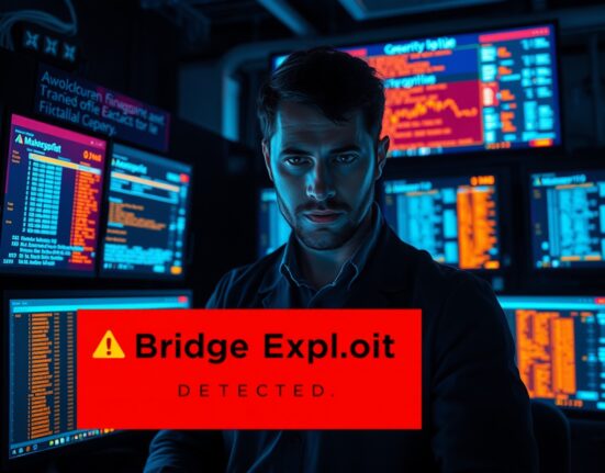 Security analyst monitoring blockchain exploit alerts on multiple screens in a dimly lit control room.