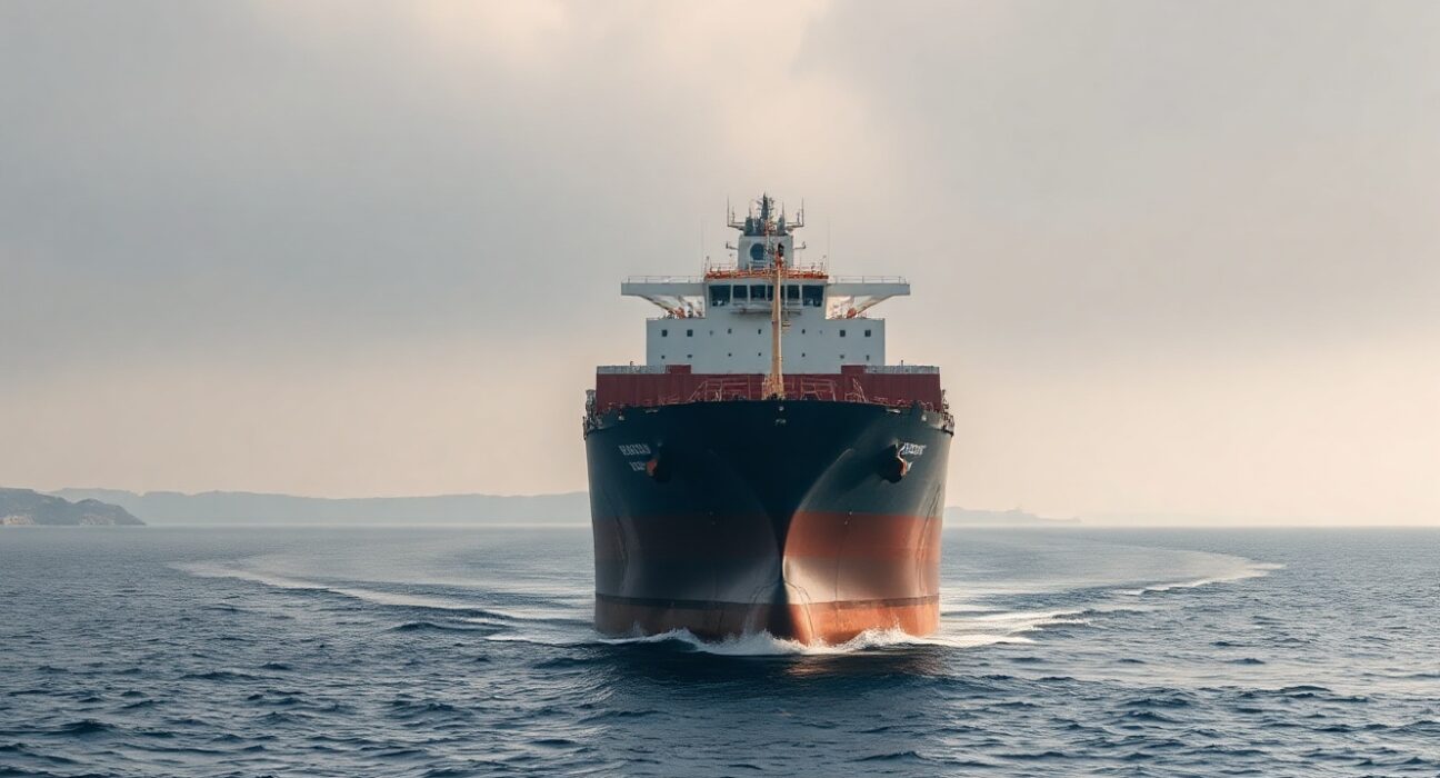 Cargo ship navigating the Strait of Hormuz under overcast sky, illustrating geopolitical tensions and oil market impact.