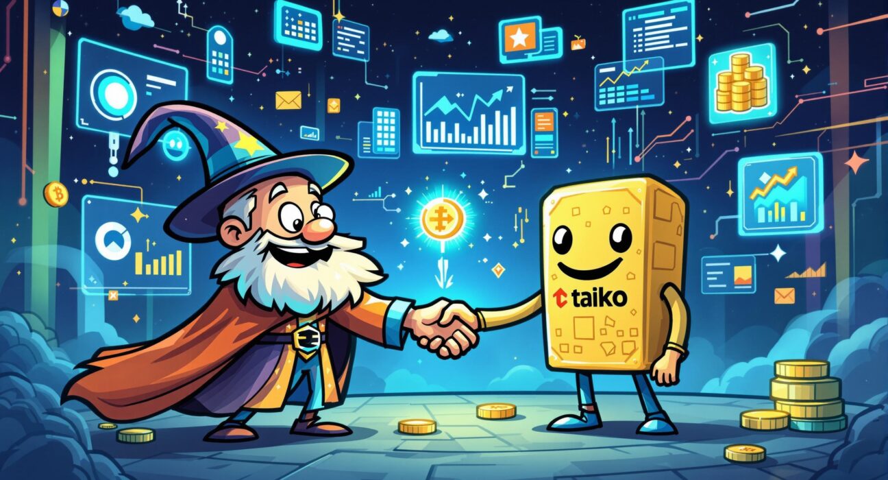A cartoon illustration symbolizing Dune Analytics integrating Taiko blockchain data, enabling comprehensive insights into its ecosystem.