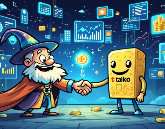 A cartoon illustration symbolizing Dune Analytics integrating Taiko blockchain data, enabling comprehensive insights into its ecosystem.