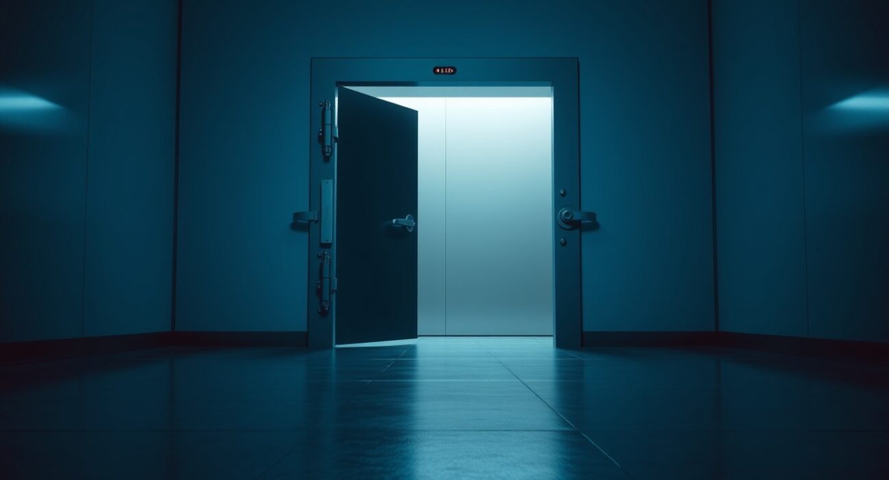 A dimly lit futuristic vault door slightly open with a red warning light, representing a security breach and urgent withdrawal notice.