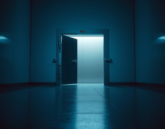 A dimly lit futuristic vault door slightly open with a red warning light, representing a security breach and urgent withdrawal notice.