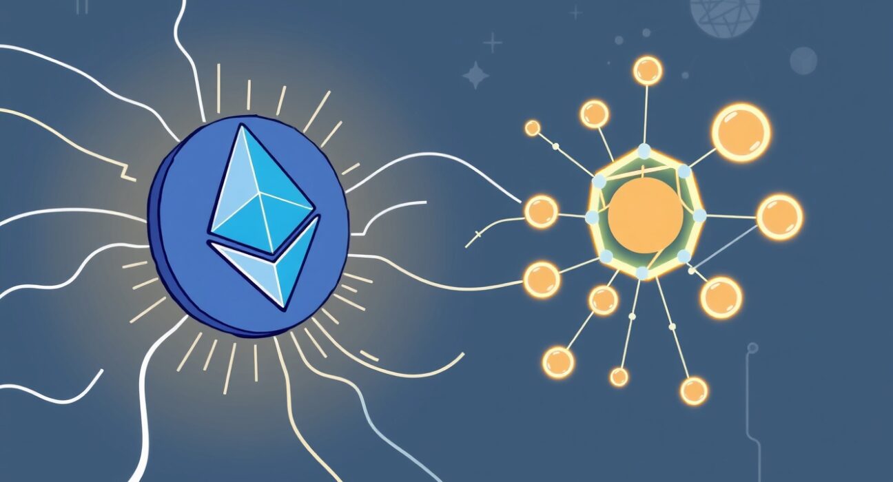 A vibrant cartoon showing secure Taiko Chainlink Data Streams connecting Ethereum Layer 2 to decentralized finance.