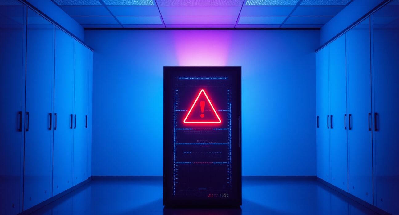 Cybersecurity breach concept in a server room with a red warning light.