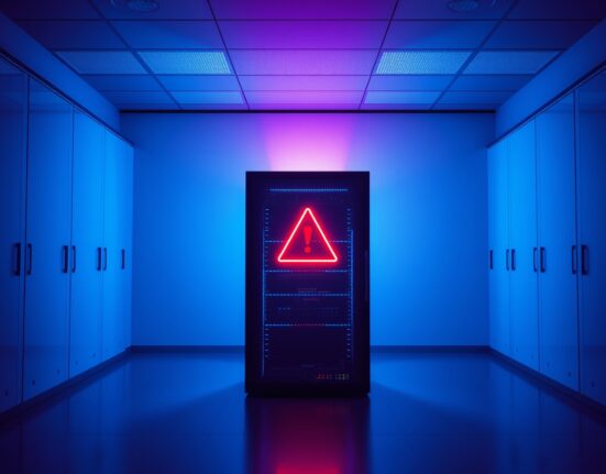 Cybersecurity breach concept in a server room with a red warning light.