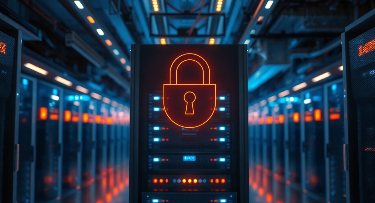 Data center server room with glowing lights and a digital security symbol, representing Taiko's blockchain exploit and recovery.