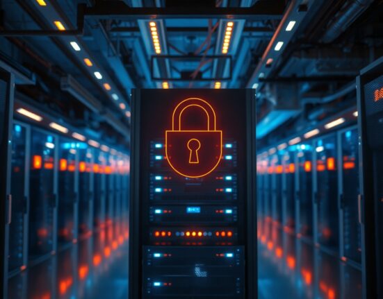 Data center server room with glowing lights and a digital security symbol, representing Taiko's blockchain exploit and recovery.