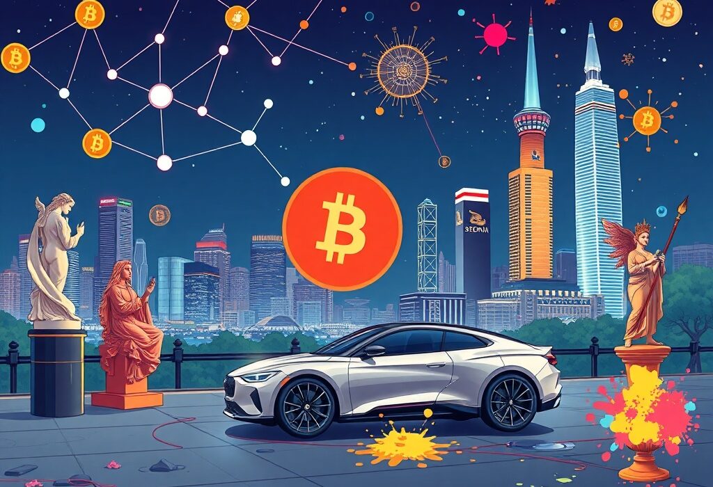 A cartoon illustration symbolizing the innovative Taiko partnership merging blockchain technology with high-end art and luxury culture at a Seoul event.
