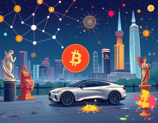A cartoon illustration symbolizing the innovative Taiko partnership merging blockchain technology with high-end art and luxury culture at a Seoul event.