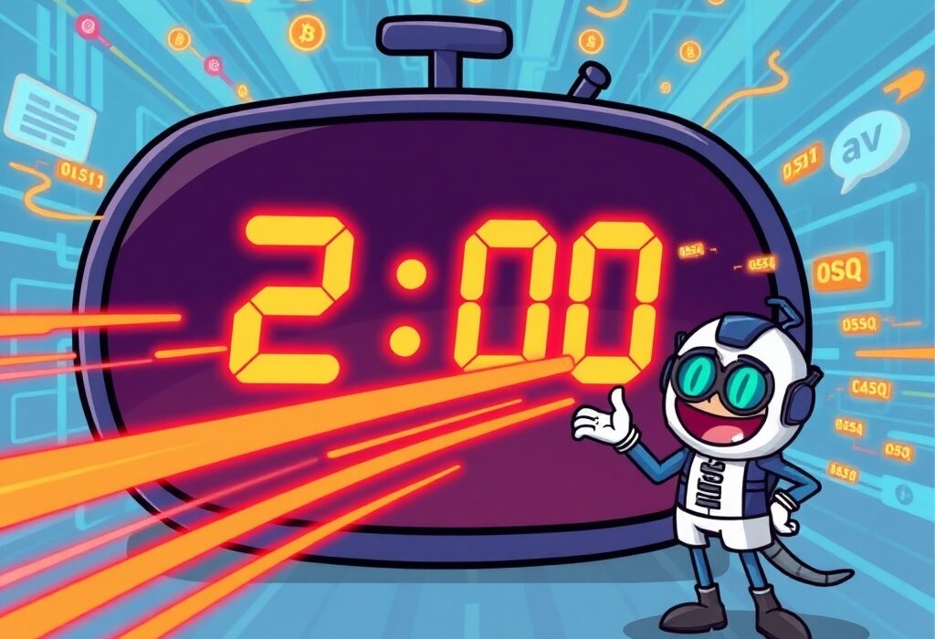 A cartoon illustration depicting Taiko preconfirmations dramatically reducing block times, symbolizing faster blockchain transactions on an Ethereum rollup.