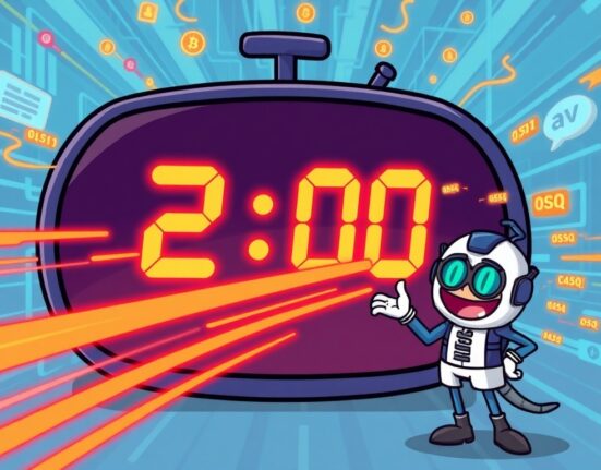 A cartoon illustration depicting Taiko preconfirmations dramatically reducing block times, symbolizing faster blockchain transactions on an Ethereum rollup.