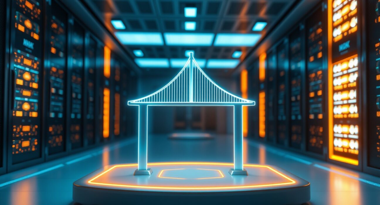 Digital bridge connecting two glowing platforms in a high-tech server room, representing Taiko's Layer 2 bridge restoration.