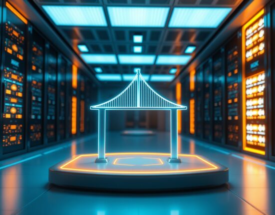 Digital bridge connecting two glowing platforms in a high-tech server room, representing Taiko's Layer 2 bridge restoration.
