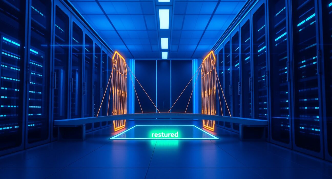 Digital bridge connecting two blockchain networks with a green restored indicator light