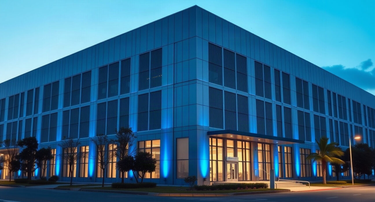 Exterior view of a semiconductor facility in Taiwan, representing AI-driven industrial growth.