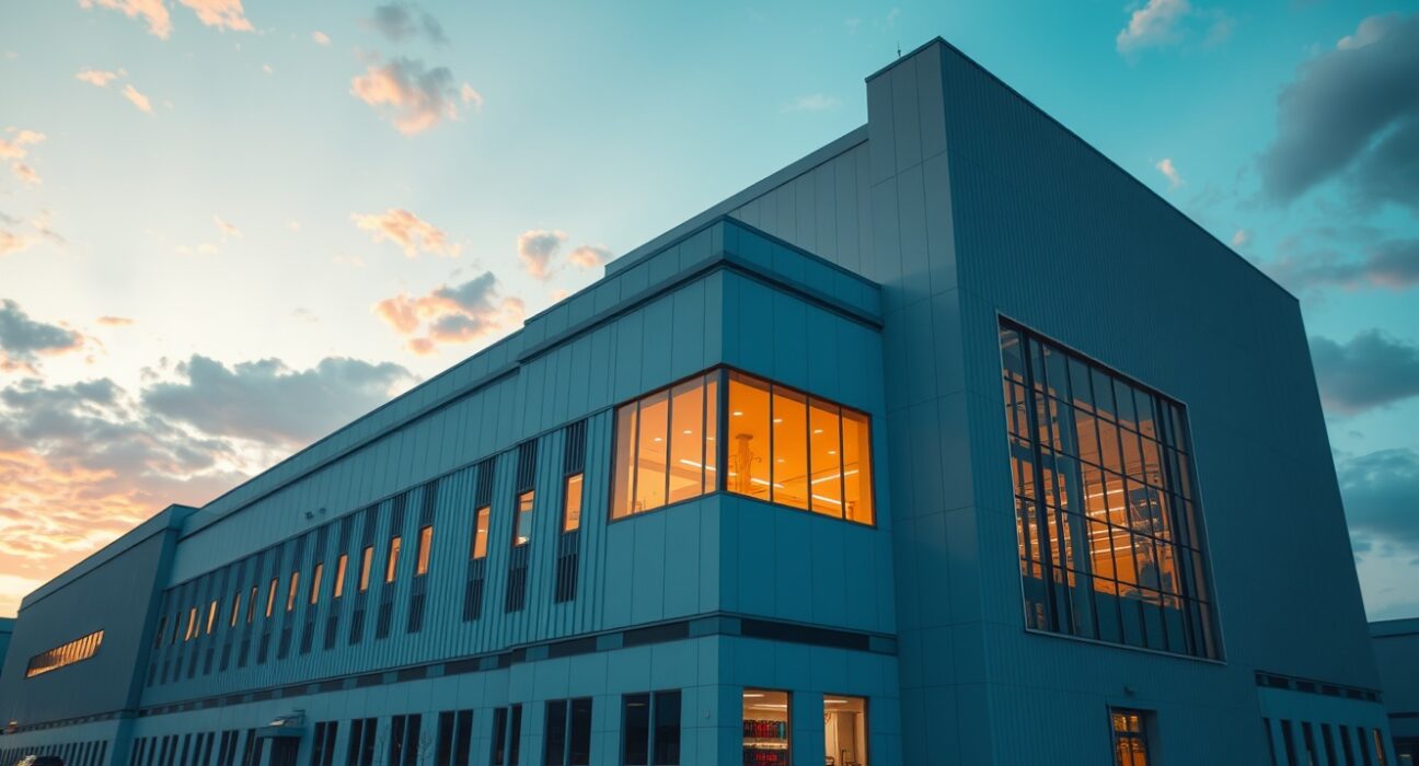 Exterior view of a semiconductor fabrication plant in Taiwan at dusk, representing the AI-driven economic growth cycle.