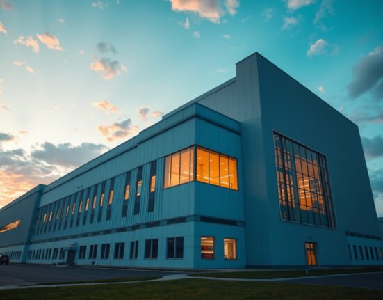 Exterior view of a semiconductor fabrication plant in Taiwan at dusk, representing the AI-driven economic growth cycle.
