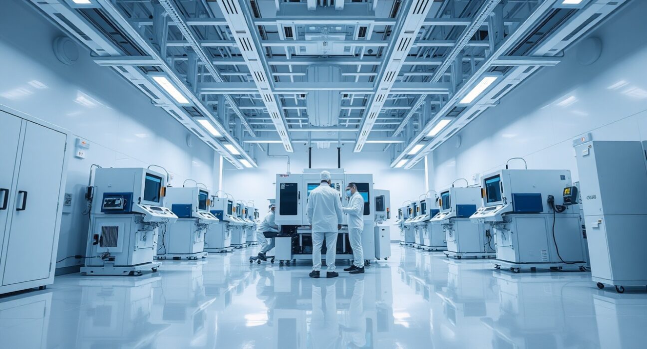 Engineers in cleanroom suits inspecting semiconductor equipment in a modern Taiwanese fabrication facility.