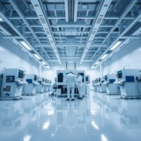 Engineers in cleanroom suits inspecting semiconductor equipment in a modern Taiwanese fabrication facility.