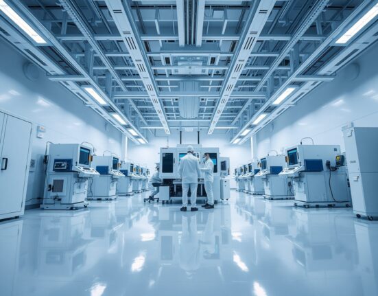 Engineers in cleanroom suits inspecting semiconductor equipment in a modern Taiwanese fabrication facility.
