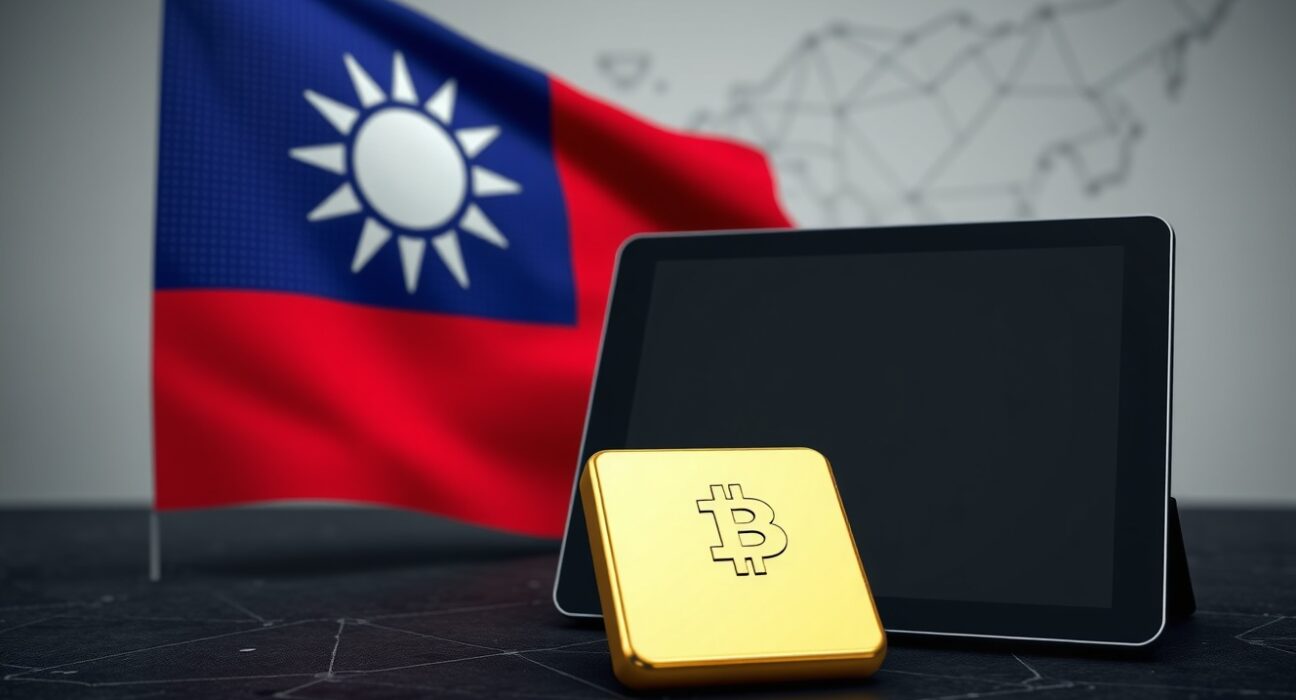 Symbolic representation of Taiwan considering Bitcoin for financial security amid geopolitical tensions with China.