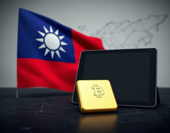 Symbolic representation of Taiwan considering Bitcoin for financial security amid geopolitical tensions with China.