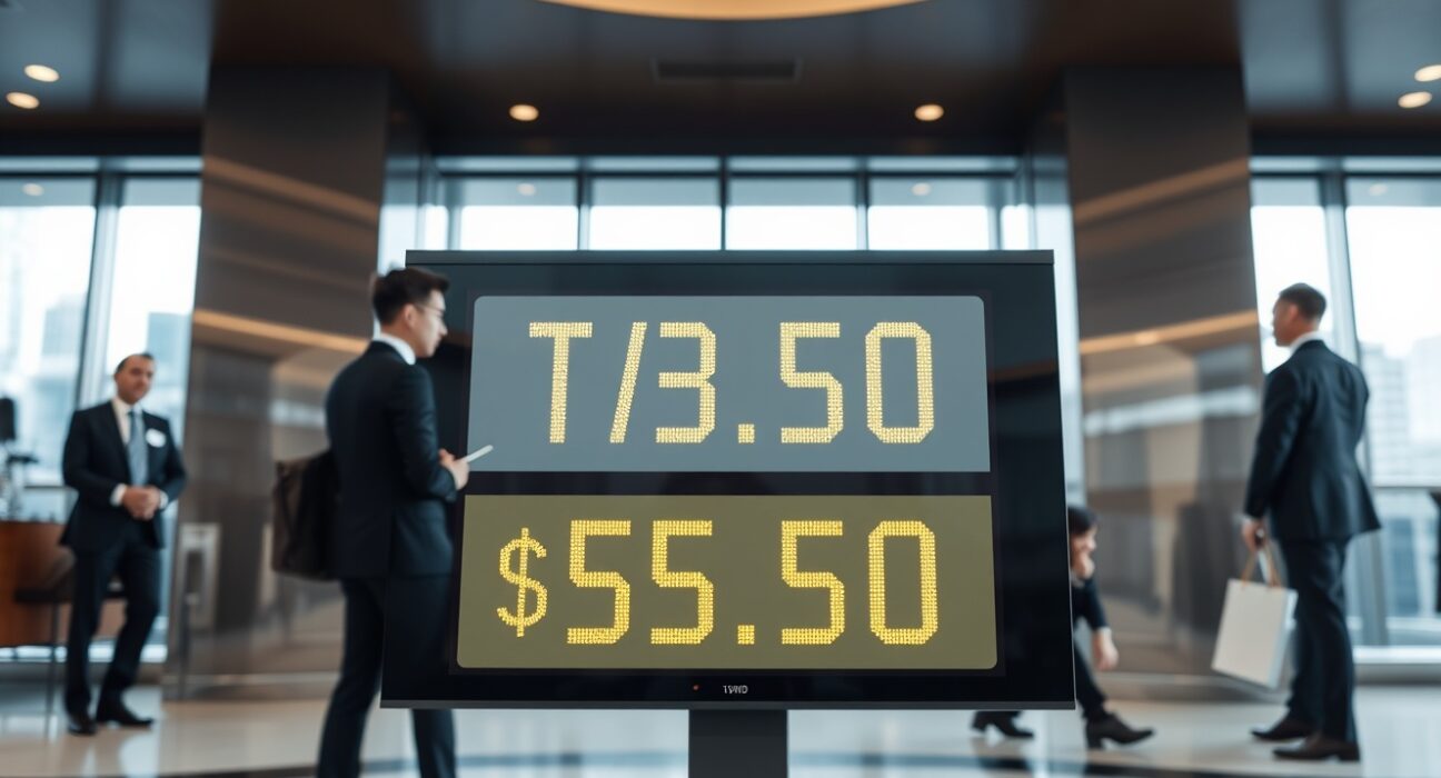 Digital currency exchange board showing Taiwan Dollar and US Dollar rates in a Taipei bank lobby