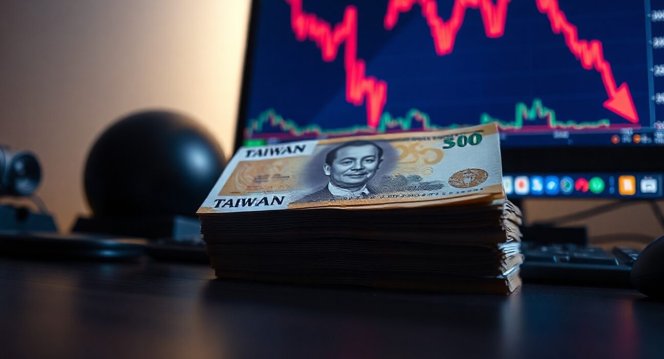 Taiwan dollar banknotes with a declining forex chart in the background