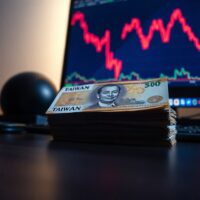 Taiwan dollar banknotes with a declining forex chart in the background