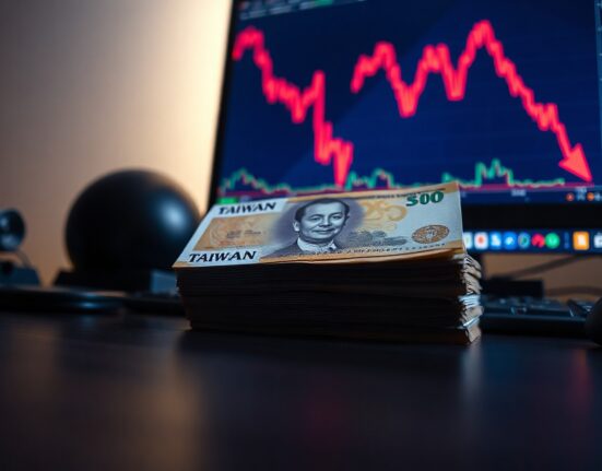 Taiwan dollar banknotes with a declining forex chart in the background