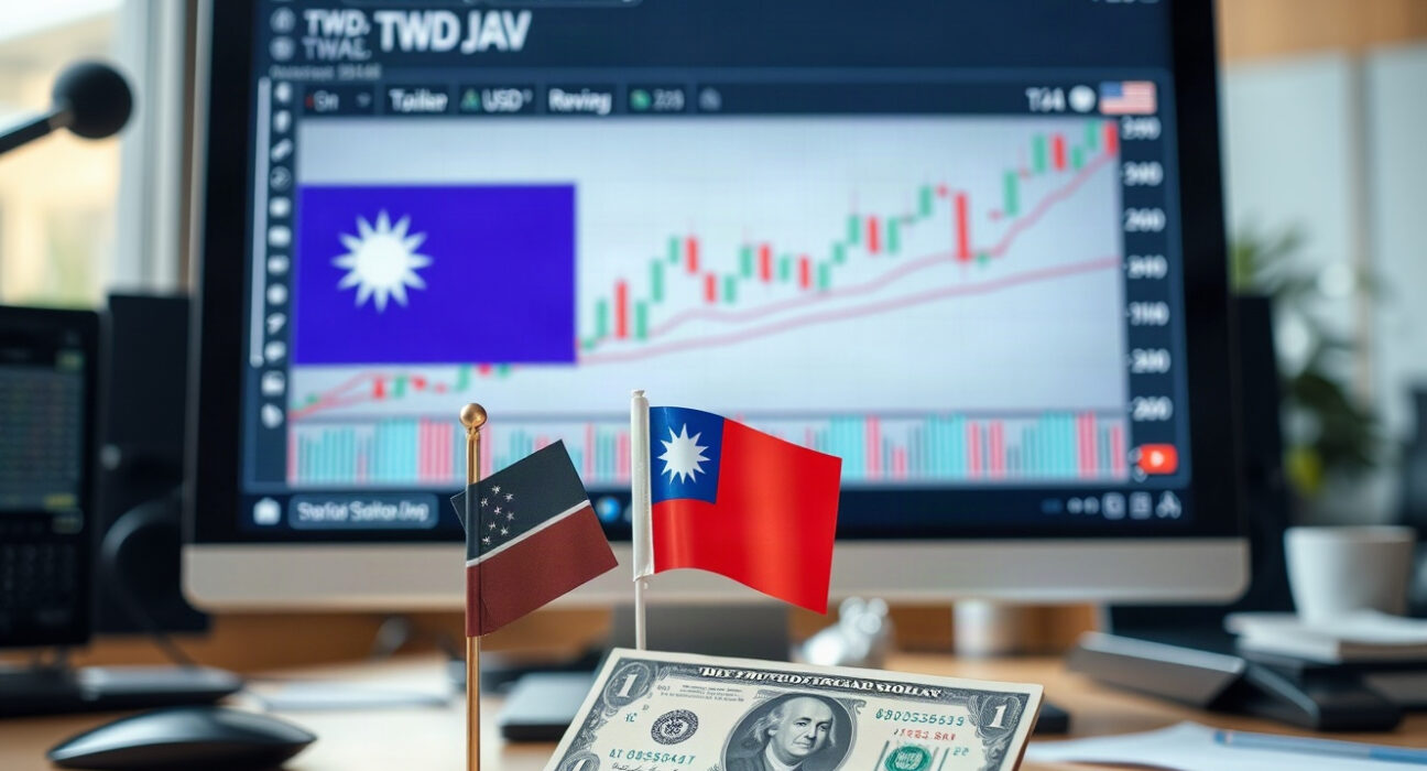 Taiwan dollar vs US dollar chart on a monitor with currency symbols