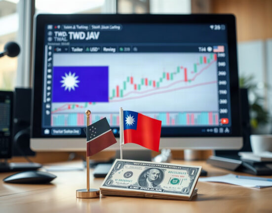 Taiwan dollar vs US dollar chart on a monitor with currency symbols