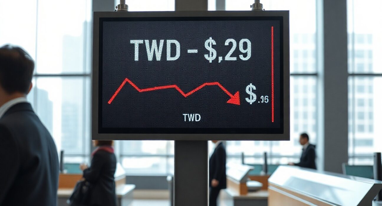 Currency exchange board in a Taipei bank lobby showing Taiwan dollar rate with a red downward arrow