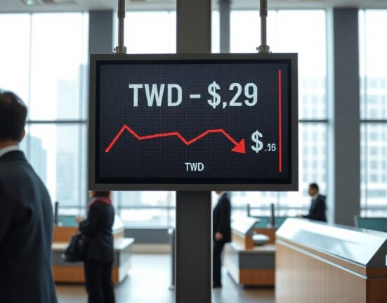 Currency exchange board in a Taipei bank lobby showing Taiwan dollar rate with a red downward arrow