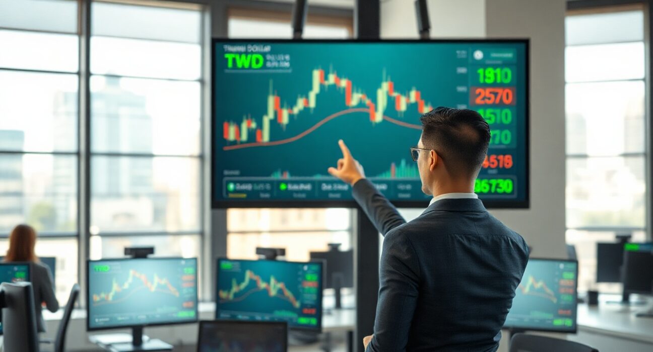 Financial analyst examining Taiwan Dollar chart with upward trend on digital screen