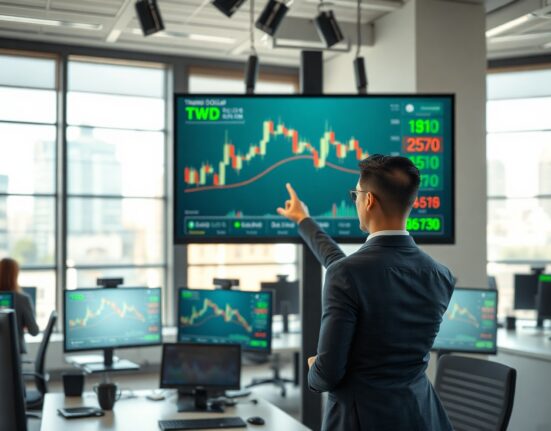 Financial analyst examining Taiwan Dollar chart with upward trend on digital screen