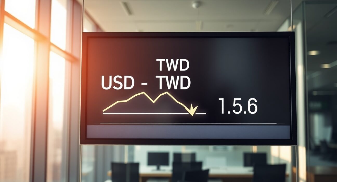Digital trading screen showing USD/TWD exchange rate with downward trend in a Taipei financial district office
