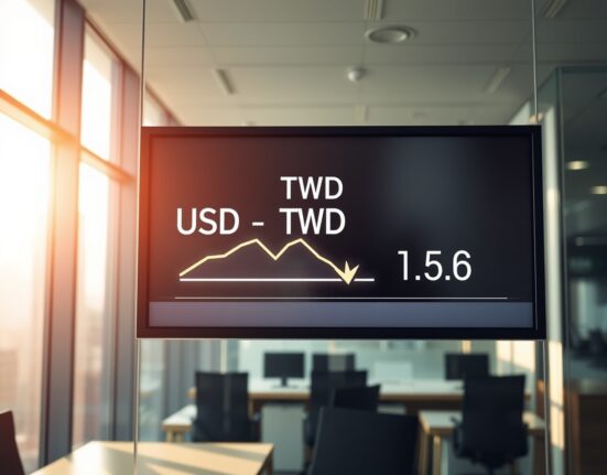 Digital trading screen showing USD/TWD exchange rate with downward trend in a Taipei financial district office